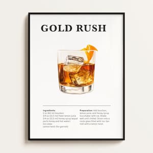 Póster de cóctel Gold Rush, receta, impresión de cóctel, bar, arte de cocina, regalo para amantes de los cócteles. Regalo de arte mural de cócteles. Digital.