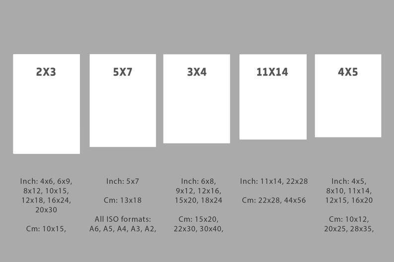Peut inclure: Un tableau montrant diff&eacute;rentes tailles d'impression en pouces et en centim&egrave;tres. Les tailles sont 2x3, 5x7, 3x4, 11x14 et 4x5.