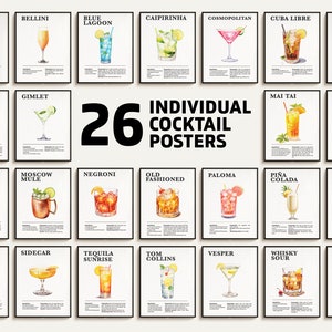 26 individuelle Cocktail-Poster, beliebte Cocktail-Rezepte, Cocktail-Bar-Poster, Cocktail-Kunst, Küchenkunst, Bar-Dekor-Set. Herunterladbar