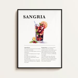 Póster de cóctel de sangría, receta, impresión de cóctel, bar, arte de cocina, regalo para amantes de los cócteles. Regalo de arte mural de cócteles. Digital.
