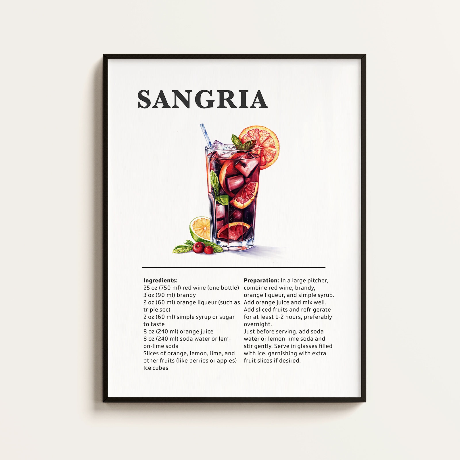 Sangria Cocktail Poster,  Recipe, Cocktail Print, Bar, Kitchen Art, Cocktail Lover Gift. Cocktail Wall Art Gift. Digital.