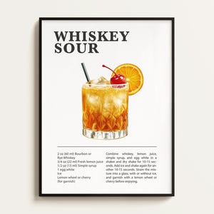 Whisky Sour Poster, Whisky Sour Rezept, Cocktail Print, Bar, Küchenkunst, Whisky Sour Liebhaber Geschenk. Cocktail Wand Kunst Geschenk. Digital.