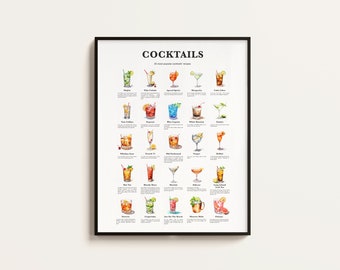 25 cocktail popolari, stampa di ricette di cocktail, stampa di cocktail, arte dei cocktail, arte della cucina, arredamento della cucina. Regalo di arte da parete per cocktail. Scaricabile