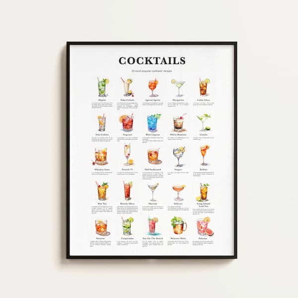 25 Popular Cocktails, Cocktails Recipe Print, Cocktail Print, Cocktail Art, Kitchen Art, Kitchen Decor. Cocktail Wall Art Gift. Downloadable