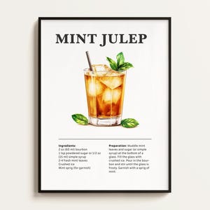 Mint Julep Cocktail Poster, Rezept, Cocktail Druck, Bar, Küchenkunst, Cocktail Liebhaber Geschenk. Cocktail Wand Kunst Geschenk. Digital.