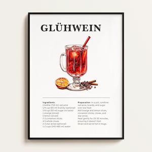 Póster de cóctel Gluhwein, vino caliente, receta, impresión de cóctel, bar, arte de cocina, regalo para amantes de los cócteles. Regalo de arte mural de cócteles. Digital.