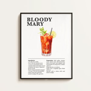 Cartel de Bloody Mary, Receta de Bloody Mary, Impresión de cócteles, Bar, Arte de cocina, Regalo de amante de Bloody Mary. Regalo de arte de pared de cóctel. Digital.