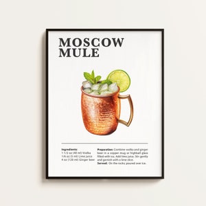 Poster del Moscow Mule, Ricetta del Moscow Mule, Stampa di Cocktail, Bar, Arte da Cucina, Regalo per gli Amanti del Moscow Mule. Regalo di Arte Murale per Cocktail. Digitale.