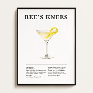 Póster de cóctel Bee’s Knees, receta, impresión de cóctel, bar, arte de cocina, regalo para amantes de los cócteles. Regalo de arte mural de cócteles. Digital.