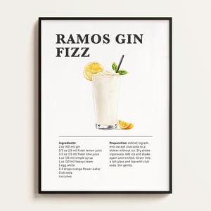 Póster de cóctel Ramos Gin Fizz, receta, impresión de cóctel, bar, arte de cocina, regalo para amantes de los cócteles. Regalo de arte mural de cócteles. Digital.
