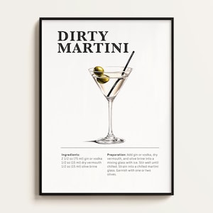 Dirty Martini Cocktail Poster, Rezept, Cocktail Druck, Bar, Küchenkunst, Cocktail Liebhaber Geschenk. Cocktail Wand Kunst Geschenk. Digital.