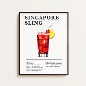 Cartel de Sling de Singapur, Receta de Sling de Singapur, Impresión de cócteles, Bar, Arte de cocina, Regalo para amantes de Sling de Singapur. Regalo de arte de pared. Digital.
