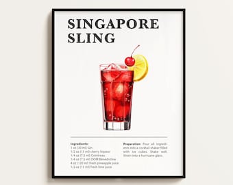 Singapore Sling Rezept Poster, Cocktail Bar Art (Digital)