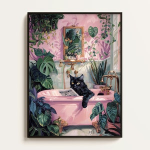 Póster de baño, arte mural divertido con baño. Gato negro leyendo el periódico, baño rosa y azul, muchas plantas, pintura vintage, humor. Digital.
