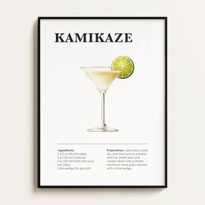 Kamikaze Cocktail Poster, Rezept, Cocktail Druck, Bar, Küchenkunst, Cocktail Liebhaber Geschenk. Cocktail Wand Kunst Geschenk. Digital.