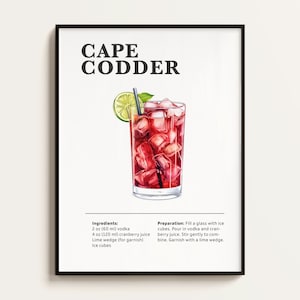 Póster de cóctel Cape Codder, vodka con arándanos, receta de Cape Codder, impresión de cóctel, bar, arte de cocina. Regalo de arte mural de cóctel. Digital.