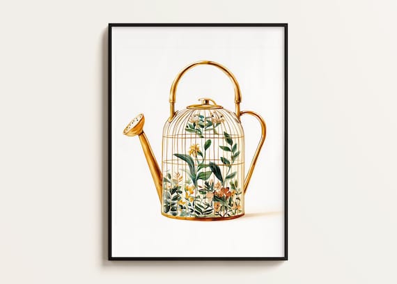 Botanical Watering Can Art Print, Vintage Terrarium Illustration (Digital Download)
