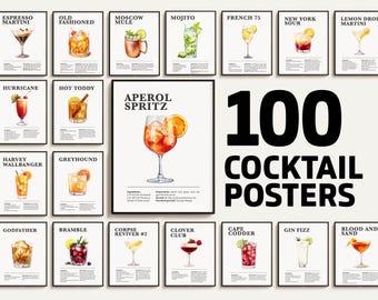 100 Cocktail Recipe Posters, Bar Art Prints (Digital Download)