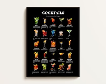 25 Popular Cocktails, Cocktails Recipe Print, Cocktail Print, Cocktail Art, Kitchen Art, Kitchen Decor. Black Background. Downloadable