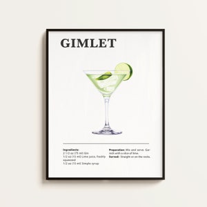 Gimlet Poster, Gimlet Rezept, Cocktail Print, Bar, Küchenkunst, Gimlet Liebhaber Geschenk. Cocktail Wand Kunst Geschenk. Digital.