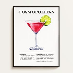 Poster Cosmopolitan, Ricetta Cosmopolitan, Stampa Cocktail, Bar, Arte da Cucina, Regalo per gli amanti del Cosmopolitan. Regalo di Arte Murale Cocktail. Digitale.