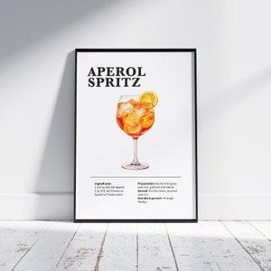 May include: A printable poster with an illustration of an Aperol Spritz cocktail. The poster includes the ingredients and preparation instructions for the drink. The ingredients are 1 1/4 oz (35 ml) Aperol, 2 oz (60 ml) Prosecco, and a splash of soda water. The preparation instructions are to build the drink into a glass over ice, garnish, and serve. The standard garnish is an orange wedge.