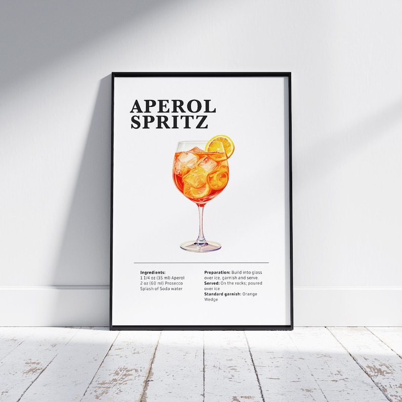 May include: A printable poster with an illustration of an Aperol Spritz cocktail. The poster includes the ingredients and preparation instructions for the drink. The ingredients are 1 1/4 oz (35 ml) Aperol, 2 oz (60 ml) Prosecco, and a splash of soda water. The preparation instructions are to build the drink into a glass over ice, garnish, and serve. The standard garnish is an orange wedge.