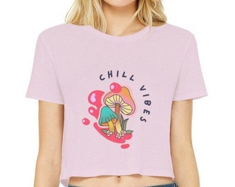 Chill Vibes Mushroom Tshirt, Cropped Raw Hem Tshirt, 100% Cotton Tshirt, Womens Tshirt, Mushroom Shirt, Gift For Her, Womens Gift