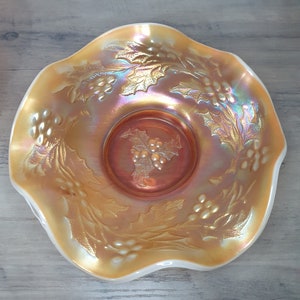 Peach opal holly and berry carnival glass