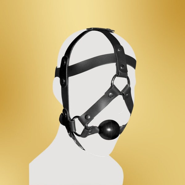 Leather Head Harness with Ball Gag BDSM Head Harness Genuine Leather, Bondage Mouth Gag