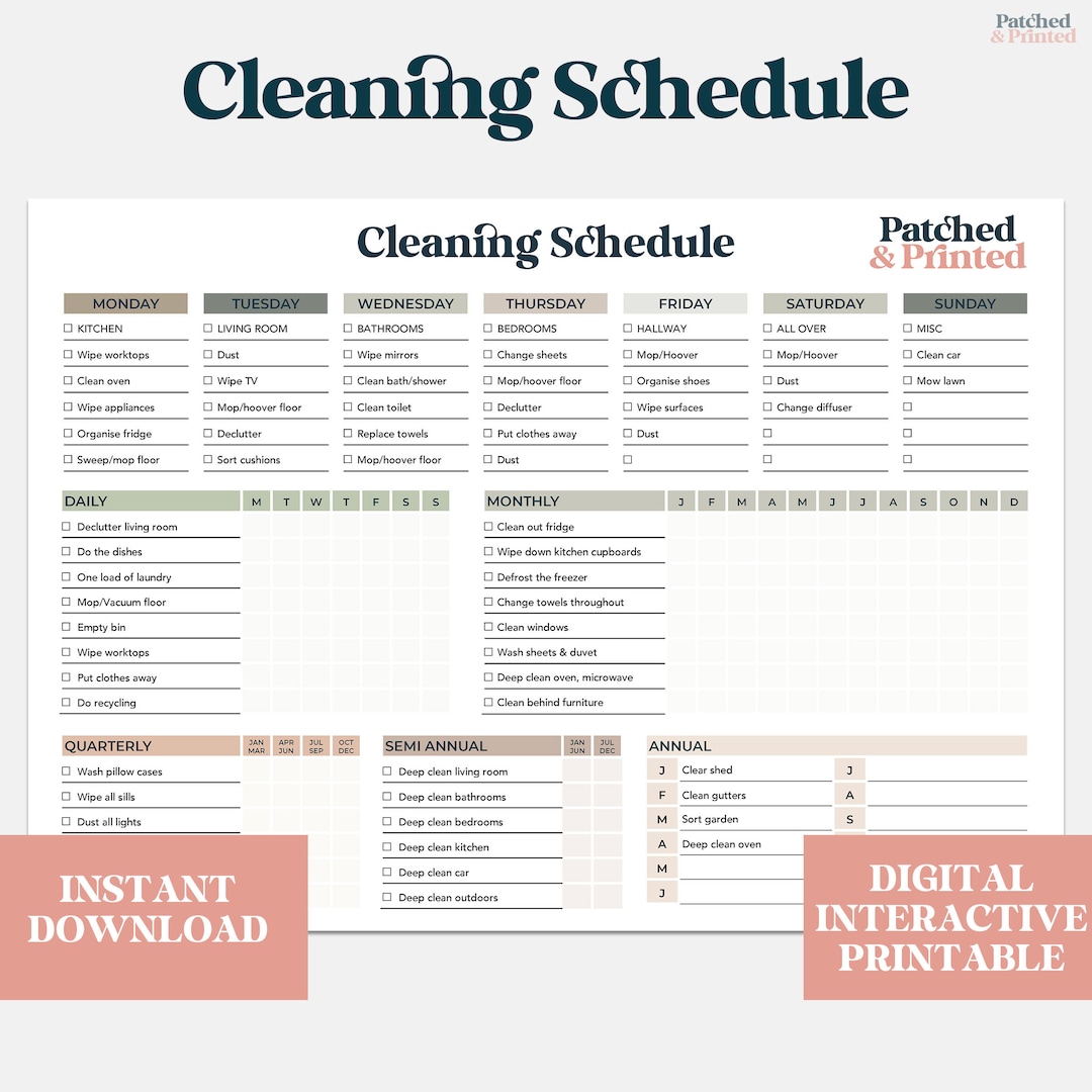 Cleaning Schedule Editable Printable Weekly Monthly Etsy