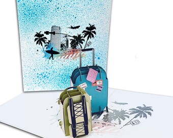 Slumber® Pop-up Card Journey | Voucher card/travel voucher | Money compartment for the holiday fund | Suitcase & Backpack in 3D (Blue)