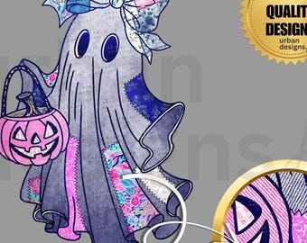 Retro halloween-denimspook png, trendy patchwork spooky preppy spook png, schattig boe-spook coquette png, herfstpompoen, schattig spook png