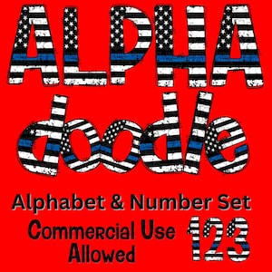 Conjunto de garabatos alfa, bandera de línea azul fina de policía, letras y números PNG, paquete alfa, bandera de EE. UU., línea azul fina, primeros auxilios, conjunto alfa