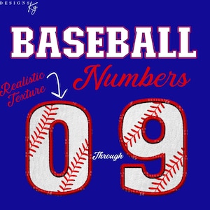 Può includere: Un design grafico digitale con la parola "BASEBALL" in lettere maiuscole bianche sopra la parola "Numbers" in corsivo rosso. Sotto, i numeri "0" e "9" con un design a punto baseball, su sfondo blu.