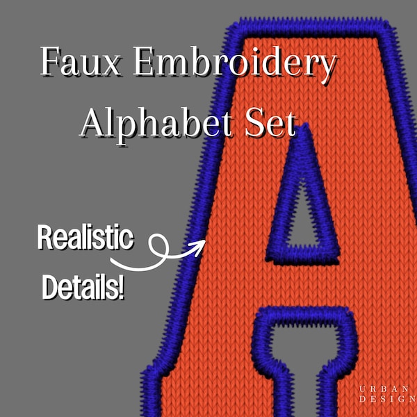 Faux Embroidery Alpha Set, Orange Knit Blue Embroidery Letters, Faux Patch Sport Athletic PNG DTF High Resolution Faux Fabric Embroidered