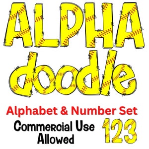 Peut inclure: Un ensemble de lettres et de chiffres en clipart sur le thème du softball, de couleur jaune et rouge. Les lettres sont soulignées en noir et présentent un motif de balle de softball cousu. Le texte "ALPHA doodle" est affiché au-dessus du texte "Alphabet & Number Set Commercial Use Allowed 123".