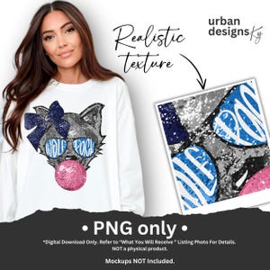 May include: White sweatshirt with a wolf graphic wearing sunglasses and blowing a bubblegum bubble. The wolf graphic has a blue bow and the words "WOLF PACK". The image also includes the text "Realistic texture" and "PNG only".