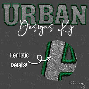 Pode incluir: Um design gráfico com a palavra "URBAN" em glitter prateado com costura verde, e as palavras "Designs Ky" em itálico. A imagem também inclui as palavras "Realistic Details!" e um close-up do design.
