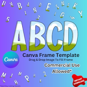 Könnte beinhalten: Eine digitale Designvorlage mit den Buchstaben ABCD, die jeweils mit einer Landschaft gefüllt sind. Das Bild enthält das Canva-Logo und den Text "Canva Frame Template" und "Commercial Use Allowed". Der Hintergrund ist ein Farbverlauf von Blau nach Violett.