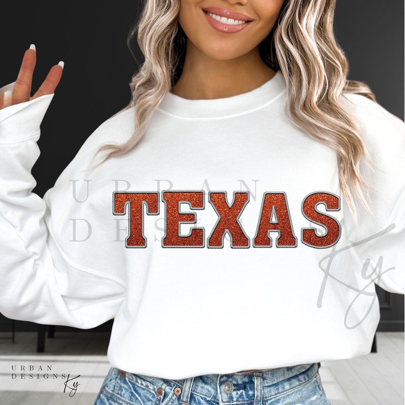 Texas Burnt Orange Realistic Faux Embroidery Glitter, Faux Patch Sport