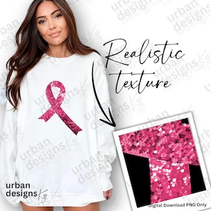 May include: A white sweatshirt with a pink glitter ribbon design. The text "Realistic Texture" is written above a close-up of the glitter ribbon.