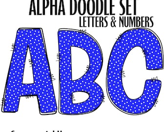 Commercial Use Doodle Letters & Numbers Blue White Polka Dot Filled Letters Numbers PNG Set Alpha Bundle PNG