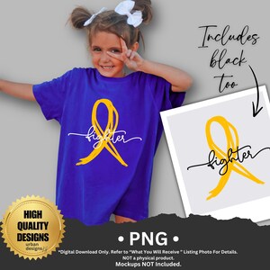 Pode incluir: Uma camiseta azul royal com um design de fita amarela e a palavra "fighter" em uma fonte manuscrita. A imagem inclui um gráfico de download digital e o texto "Includes black too". Há também um selo dourado com "High Quality Designs".