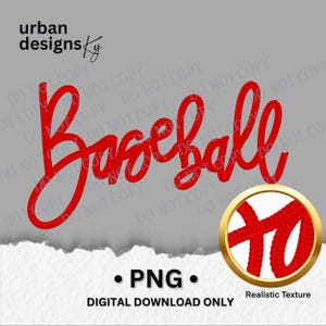 Béisbol rojo realista con bordado cursivo, parche deportivo deportivo PNG, DTF digital, alta resolución, tejido de ganchillo falso por sublimación