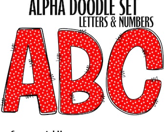 Commercial Use Doodle Letters & Numbers Red White Polka Dot Filled Letters Numbers PNG Set Alpha Bundle PNG