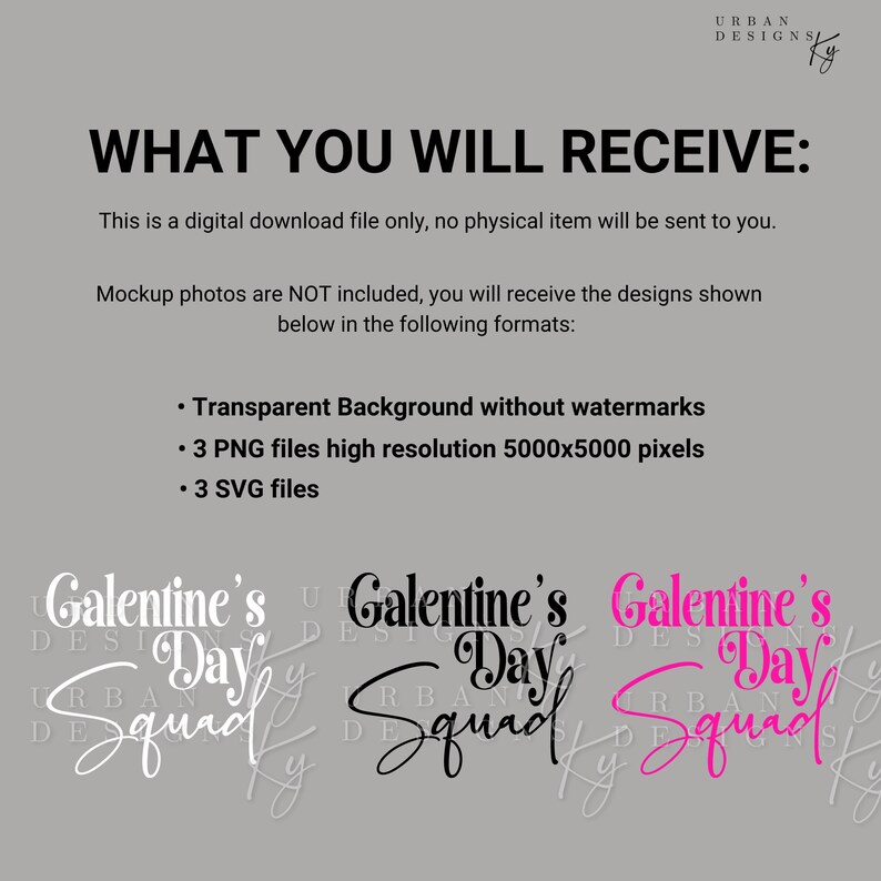 May include: A digital download file for three Galentine's Day Squad designs. The designs are in black and white, black and pink, and pink. The designs are available in PNG and SVG formats.