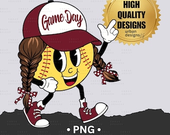 May include: A cartoon softball with a smiling face, wearing a maroon baseball cap with the text "Game Day" and pigtails with red and white polka dot bows.