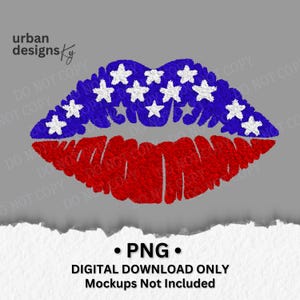 Pode incluir: Gráfico digital de lábios em vermelho, branco e azul, assemelhando-se à bandeira americana. O lábio superior é azul com estrelas brancas e o lábio inferior é vermelho. Inclui o texto "PNG", "DIGITAL DOWNLOAD ONLY" e "Mockups Not Included".