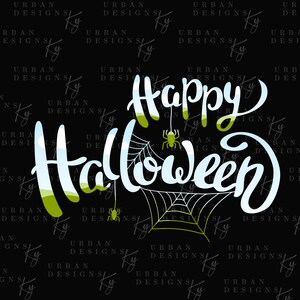 Könnte beinhalten: Auf schwarzem Hintergrund steht in weißer Schrift "Happy Halloween". Das Wort "Halloween" hat einen grünen und blauen Farbverlauf. Eine Spinnen- und Spinnennetz-Grafik ist enthalten.